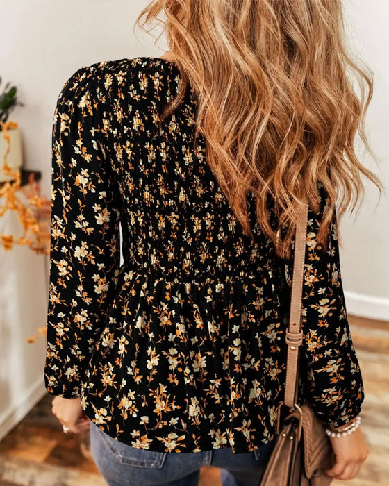Bluse Blumen Gerafft Langarm
