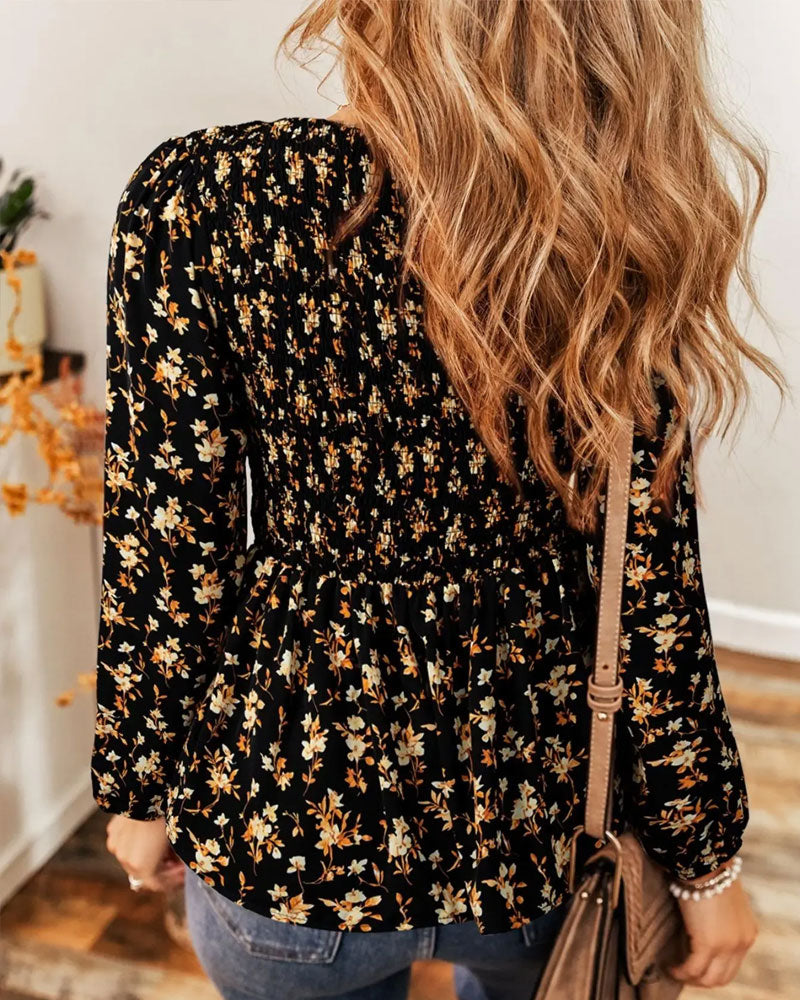 Bluse Blumen Gerafft Langarm