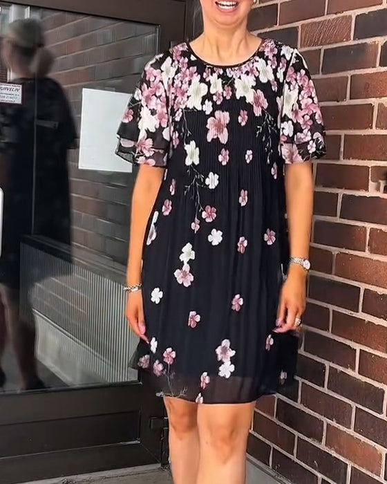 Kleid Rüsche Kurzarm Blumen Plissiert