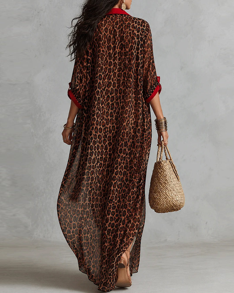 Kleid Revers Leopard Farbblock