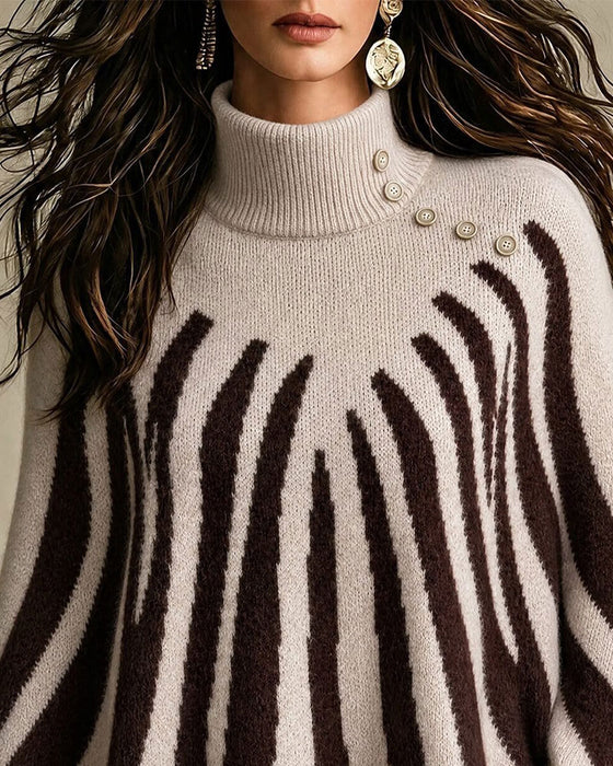 Pullover Rollkragen Knopf Gestreift Wellenförmig
