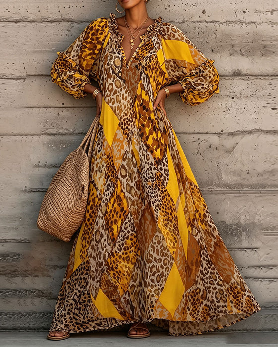 Kleid Leopard Farbblock Rüsche V-Ausschnitt