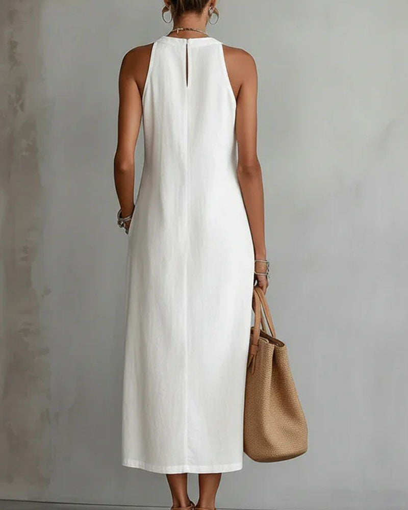 Kleid ärmellos Spitze Patchwork Leinen Baumwolle Midi