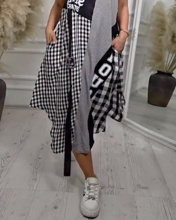 Kleid Unregelmäßig Ärmellos Karo Farbblock