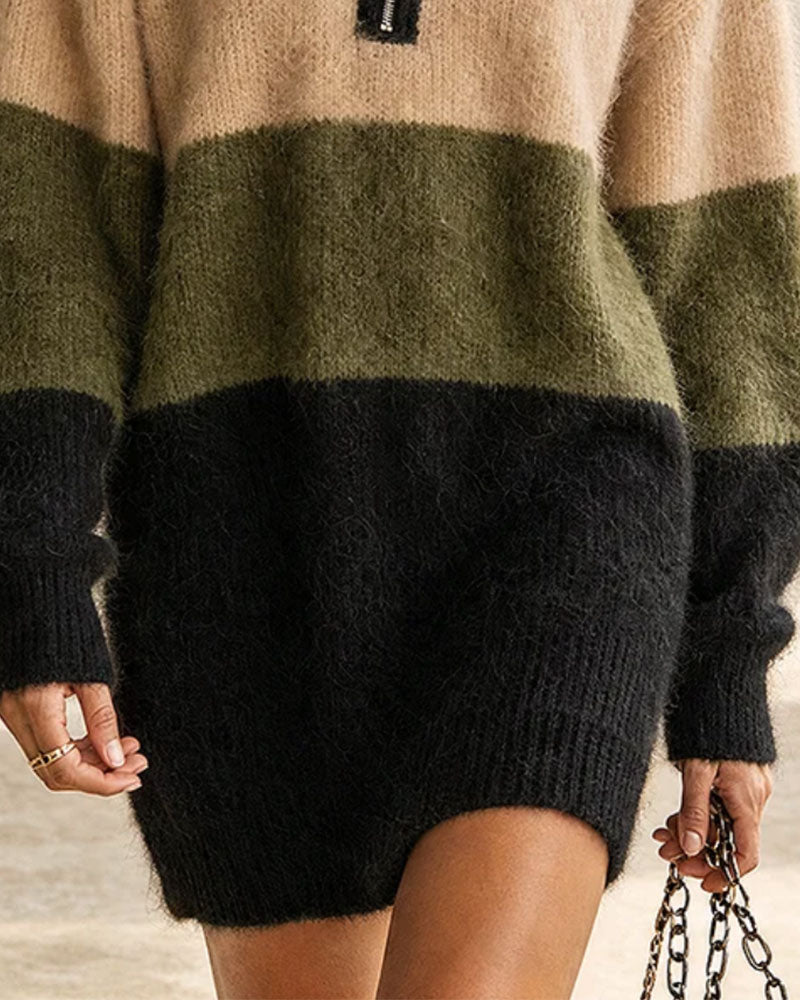 Kleid Farbblock Halber Reißverschluss Rollkragen Lang Sweater