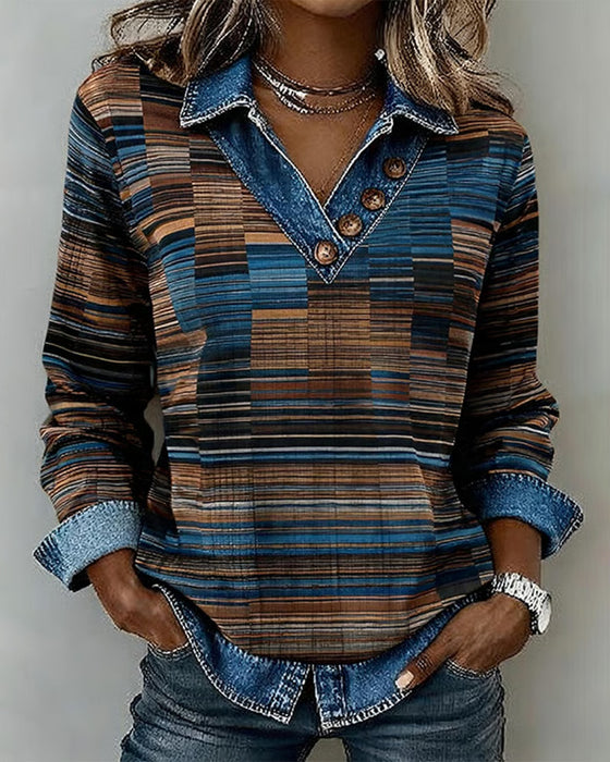 Oberteil Denim Patchwork Streifen Vintage