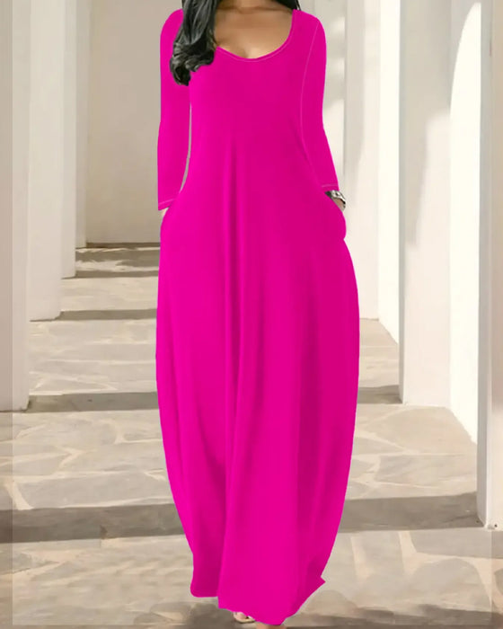 Kleid Rund-Hals Tasche Voll-Rock Langarm