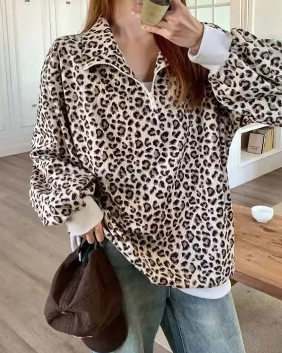 Sweatshirt Reißverschluss Leopard Lässig