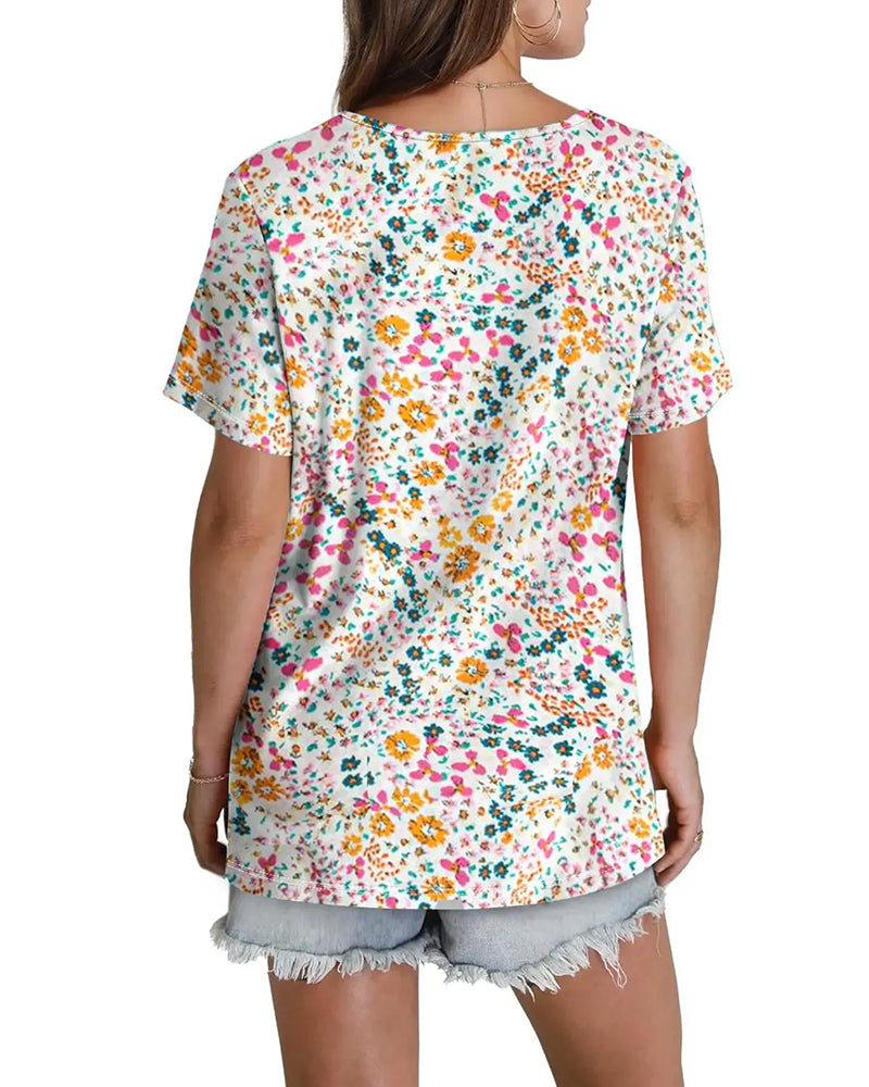 Bluse Blumenmuster V-Ausschnitt Kurzarm