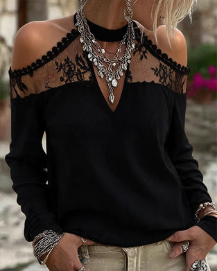T-Shirt V-Ausschnitt Spitze Patchwork Off-Shoulder
