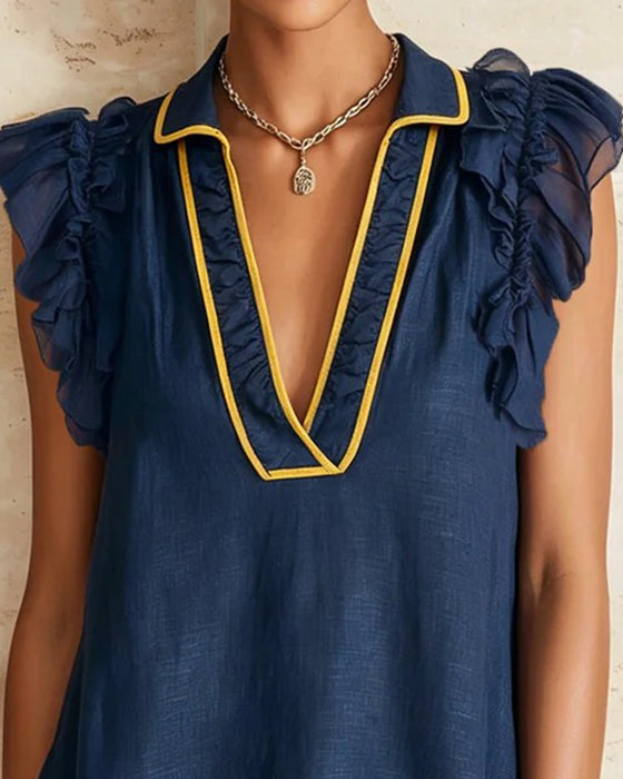 Kleid Revers Farbblock Rüsche Ärmel