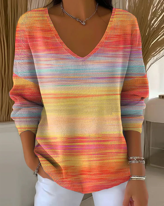 V-Ausschnitt-Pullover Mit Regenbogenstreifen