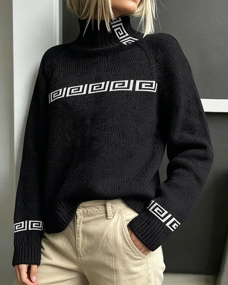 Pullover Sweater Geometrischer Mäander Rollkragen