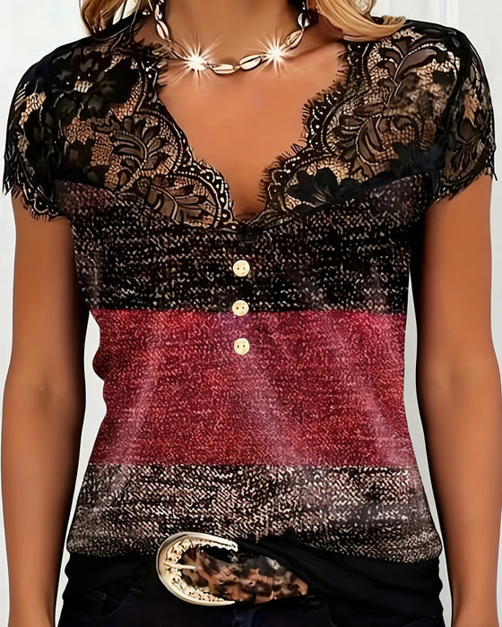 T-Shirt V-Ausschnitt Spitze Patchwork Kontrastfarbe