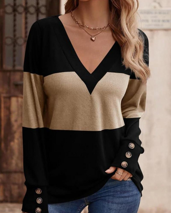T-Shirt Damen Colorblock Druck Knopf Deko Fallende Schulter