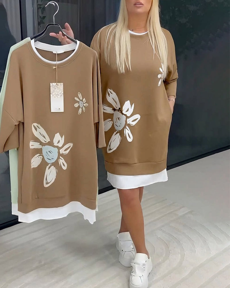 Sweatshirt-Kleid Rundhals bedruckt Patchwork