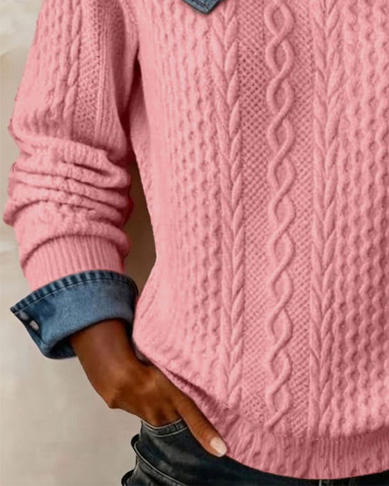 Sweatshirt Ein-Schulter Träger Denim Patchwork Lässig