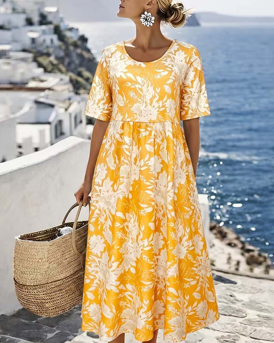 Kleid Blumig Kurzarm Tasche A-Linie