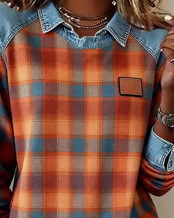 Sweatshirt Revers kariert Denim Patchwork