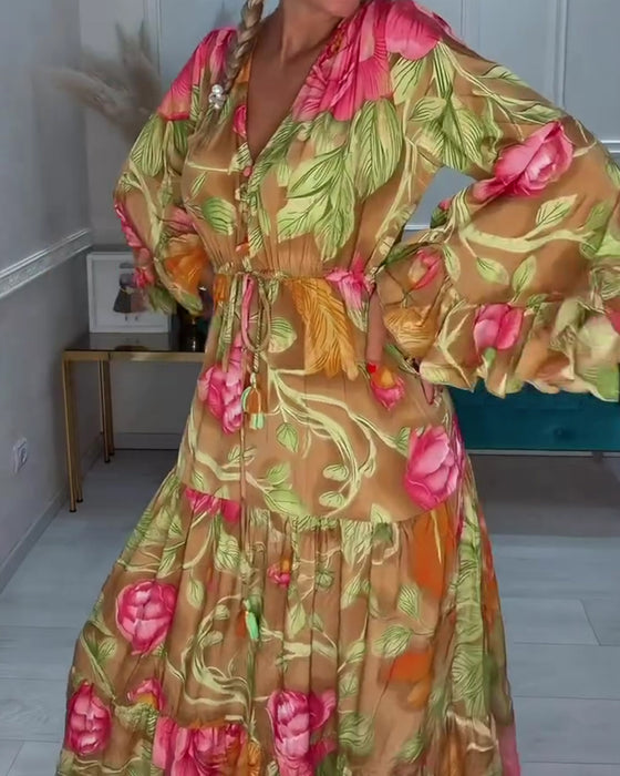 Kleid V-Ausschnitt Weiter Rock Blumen