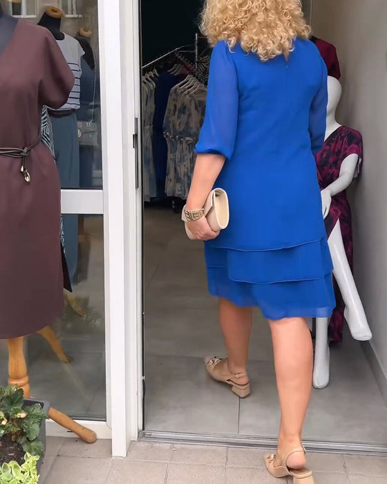 Kleid Halbärmel Rundhals Doppellag Gestuft