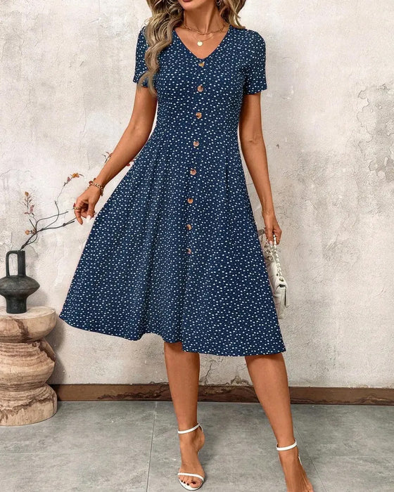 Bedrucktes Kleid Mit V-Ausschnitt Und Kurzen Ärmeln