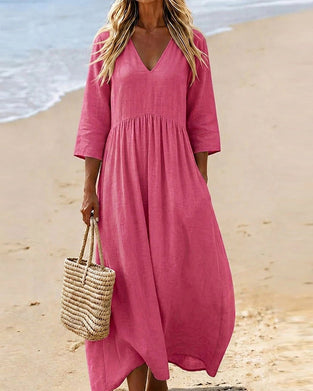 Kleid V-Ausschnitt 3/4-Arm Einfarbig Lang