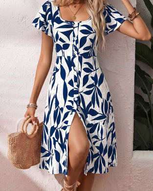 Kleid Quadratischer Ausschnitt Blumenprint Kurzarm