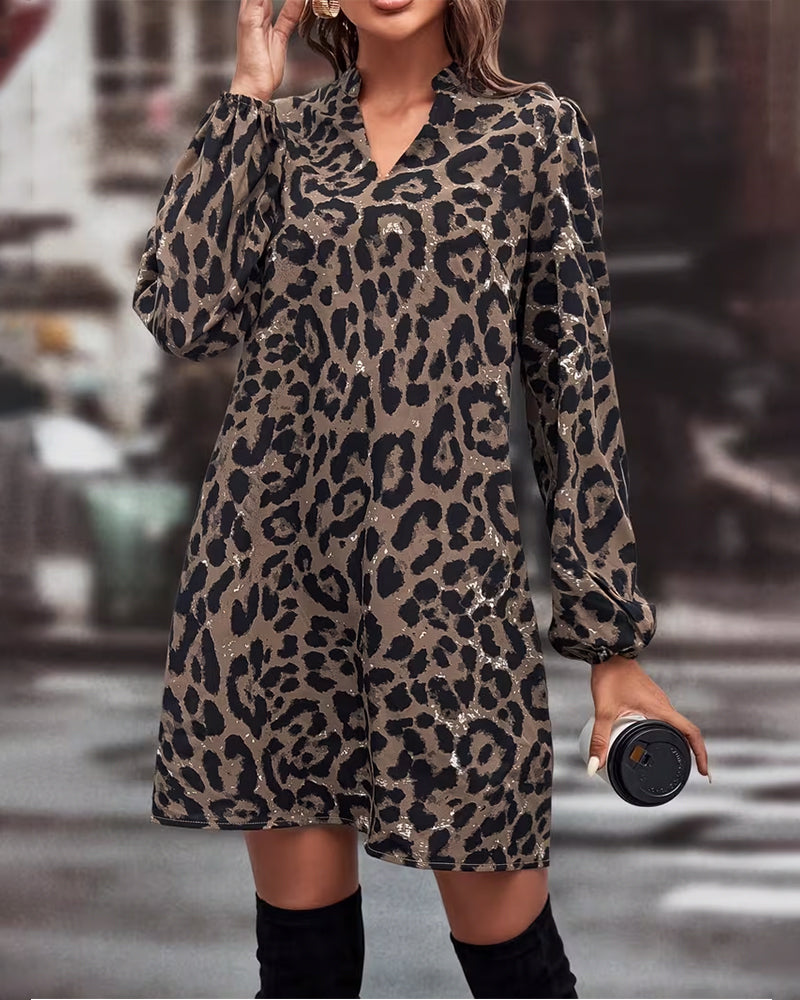 Kleid Stehkragen Puffärmel Leopardenprint