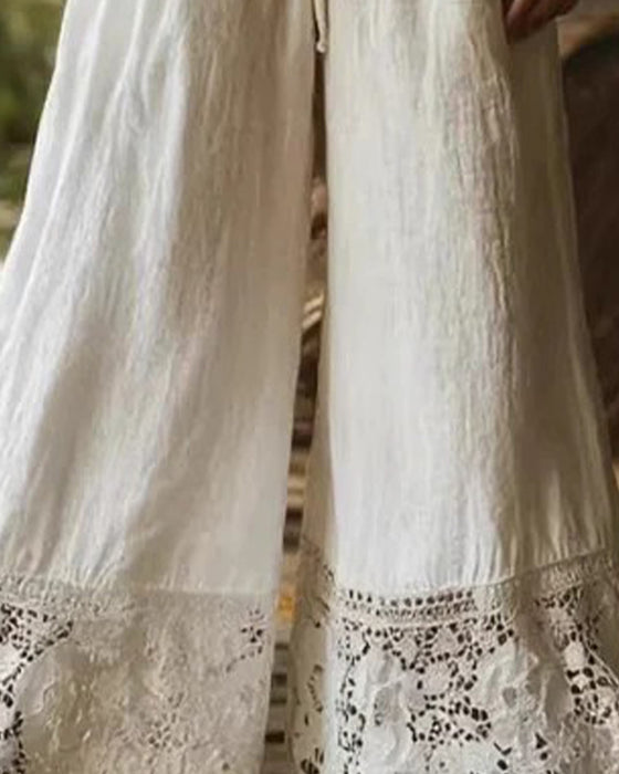 Hose Elastische Taille Kordelzug Spitze Patchwork Weites Bein