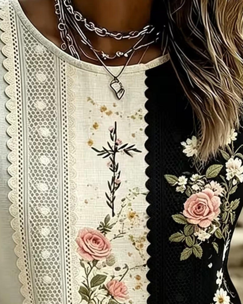 Bluse Kontrast Spitze Rose Druck