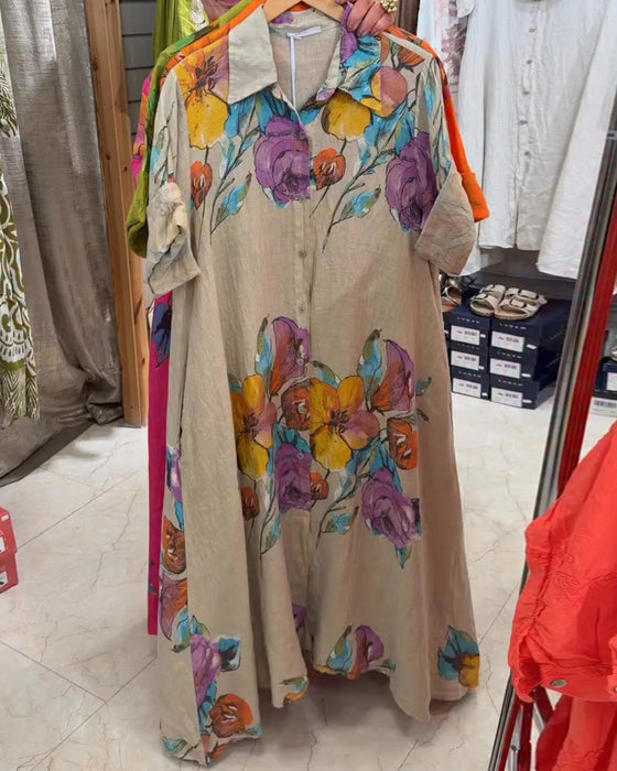 Kleid Aquarell Große Blume Print Revers Lang