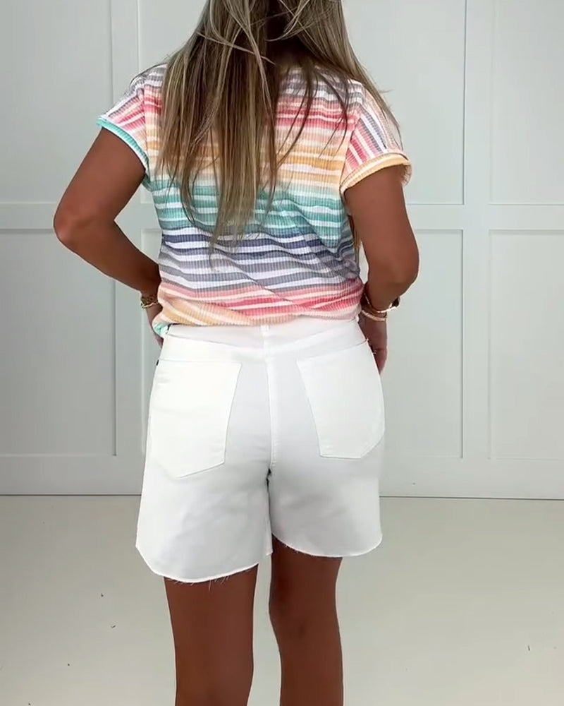 Top Regenbogen-Verlauf gestreift V-Ausschnitt Kurzarm