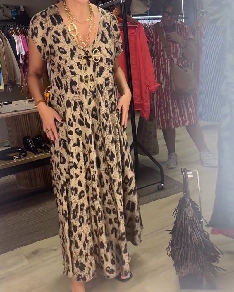Kleid V-Ausschnitt Leopard Kurzarm