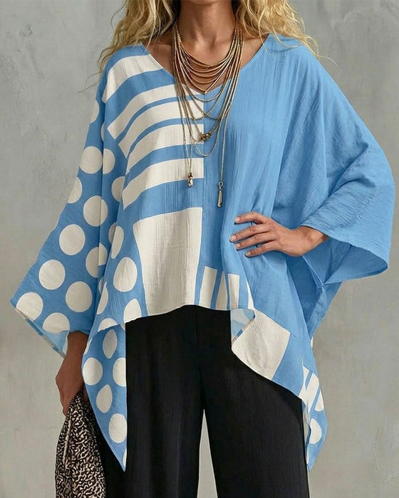 Bluse Polka Dot Streifen Patchwork V Ausschnitt