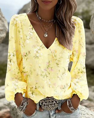 Bluse Floral V-Ausschnitt Puffärmel