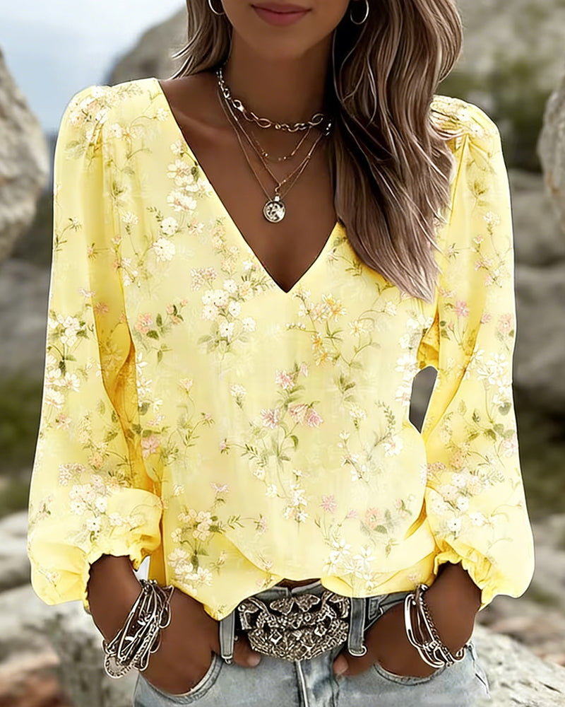 Bluse Floral V-Ausschnitt Puffärmel