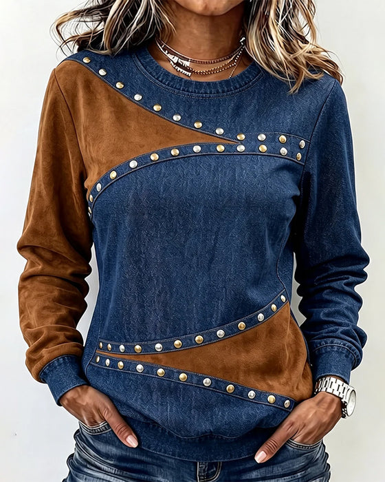 Top Rundhals Denim Spliced Farbblock
