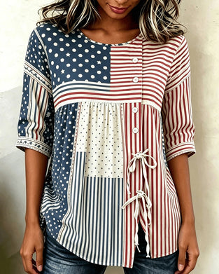 Bluse Flagge Druck Patchwork Krawatte