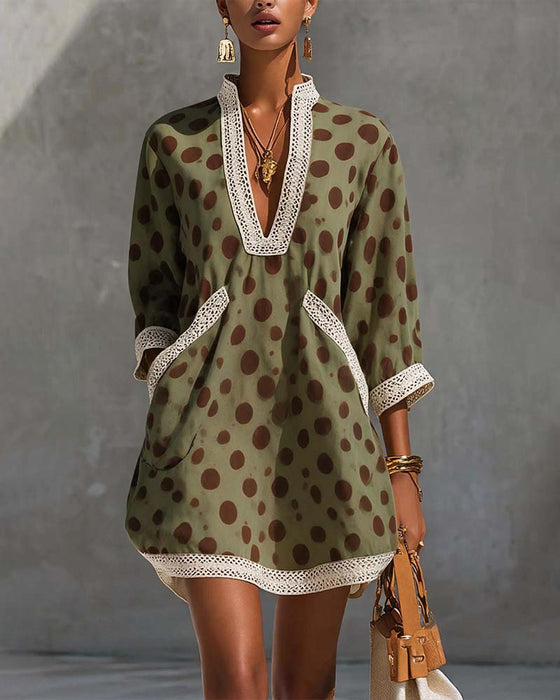 Kleid V-Ausschnitt Polka Dot Tasche