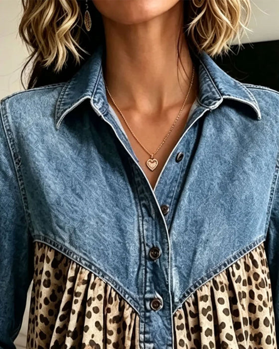 Oberteil Denim Leopardenmuster Patchwork Kragen