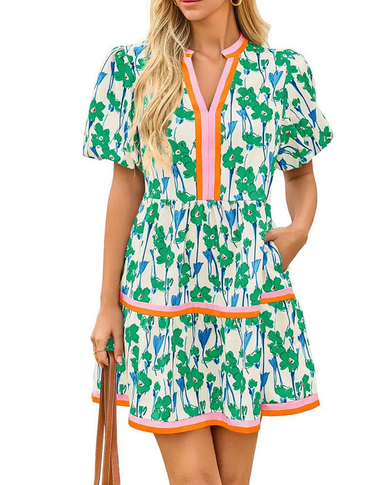 Kleid V-Ausschnitt Blumig Blasenärmel Patchwork