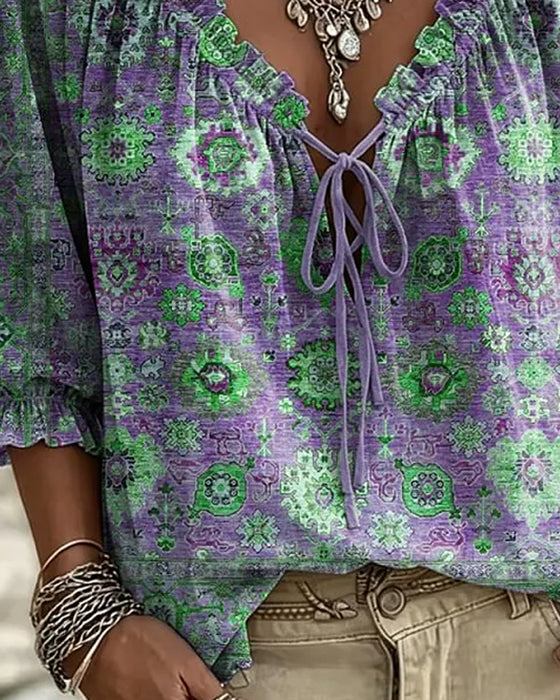 Bluse V-Ausschnitt Bindung Vintage Print