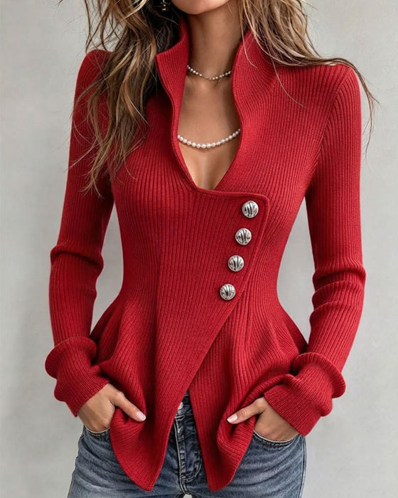 Pullover Stehkragen Asymmetrisch Knopf Unregelmäßige Taille
