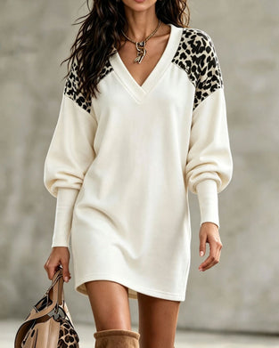Kleid V-Ausschnitt Leopardenmuster Lampion Ärmel Pullover