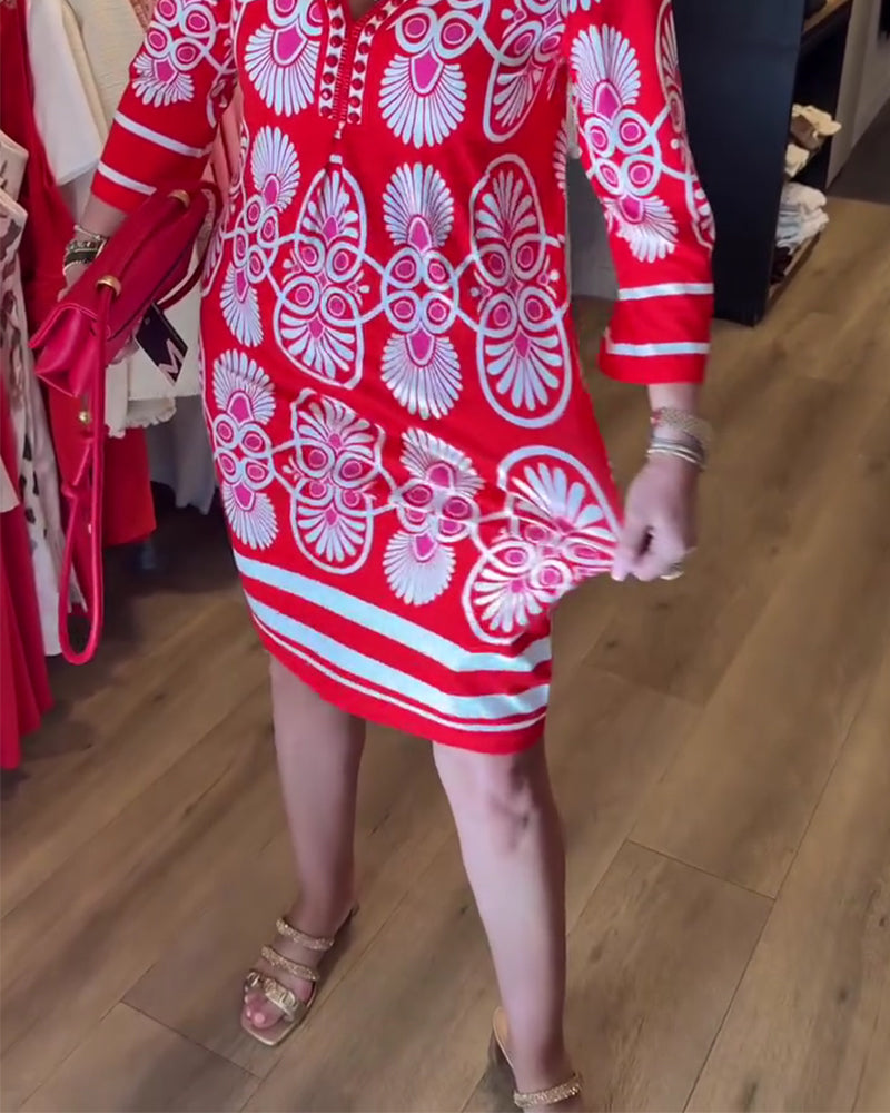 Kleid V-Ausschnitt Gedruckt A-Saum