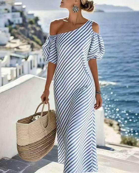 Kleid Blau Und Weiß Gestreift Off-Shoulder