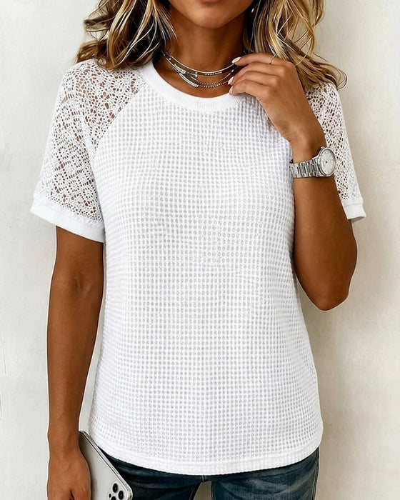 T-Shirts Rundhals Waffel Spitze Patchwork