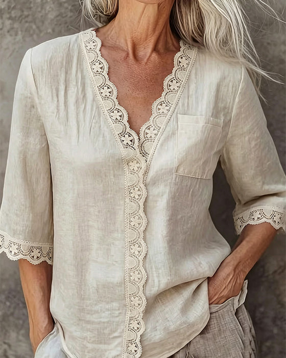 Bluse V-Ausschnitt Spitzen-Patchwork 3/4-Ärmel