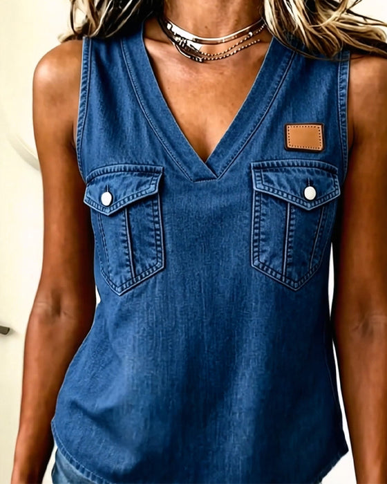 Tank Top V-Ausschnitt Tasche Leder Etikett